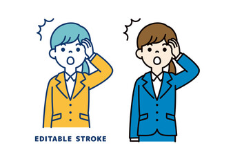 うっかりして口をポカンと開ける、若い女性会社員のベクターイラスト素材＿線の編集可能