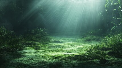 Fototapeta premium Ethereal underwater landscape with sunlight piercing through the water creating a mystical ambiance serene nature scene