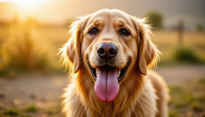 Joyful golden retriever in a sunlit field pet photography outdoor environment close-up view happy dog concept