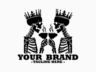illustration featuring two skeletal figures adorned with ornate crowns holding steaming coffee mugs while facing one another. Two playful skeletons wearing crowns logo vector design