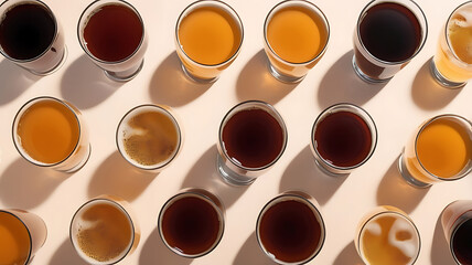 High angle view of craft cold gresh beer glasses their color progression representing different brewing styles on a light background.