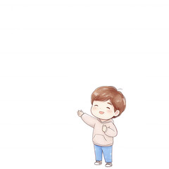 Fototapeta premium Cute cartoon child character smiling and waving, with a friendly expression, wearing a hoodie and jeans, isolated on a white background.