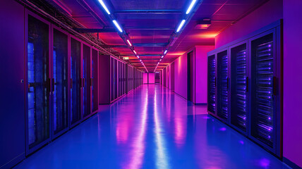Fototapeta premium High-tech server hallway with neon blue lights and reflective floors showcasing advanced design