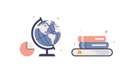 Flat vector of globe with stacked books