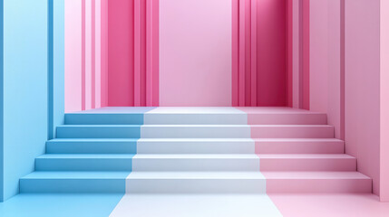 Obraz premium Abstract staircase in pastel pink and blue leading to a bright opening...
