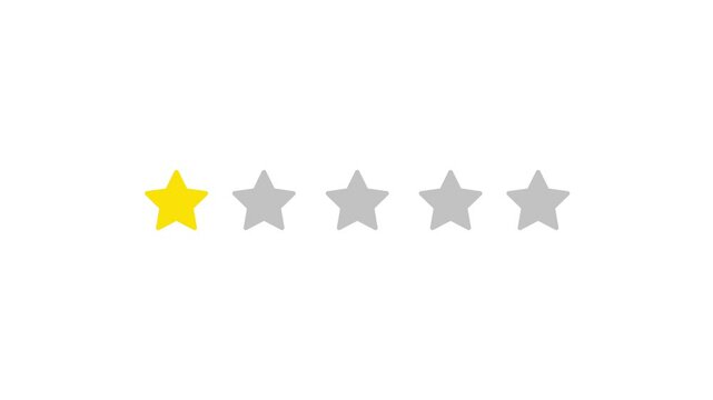 stars rating animation on white background. Customer review, ratings, Quality, customer rating, stars review rating animation. quality rating video animation.  five star, 3 star, four star, one star