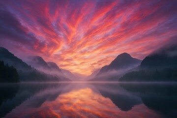 Fototapeta premium Serene Misty Mountain Lake Landscape with Vibrant Sunset Colors
