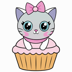 Kawaii-style kitten with oversized eyes, pastel bow, sitting on a cute cupcake, perfect for charming designs.