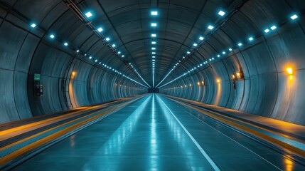 Obraz premium Illuminated Tunnel with Futuristic Design and Symmetry Ideal for Technology and Transportation