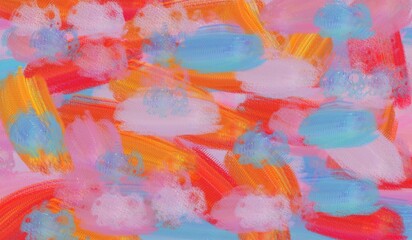 Abstract painting. Vibrant, textured strokes of pink, orange, and blue create a dynamic composition.