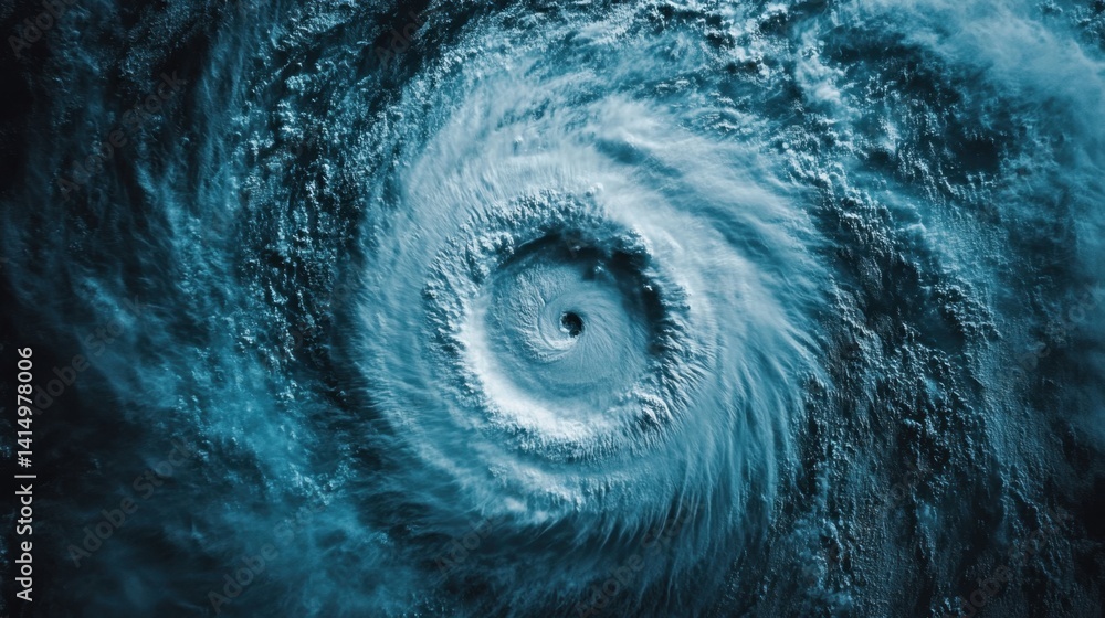 Poster aerial view of a powerful hurricane swirling over the ocean with dramatic clouds and intense weather