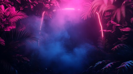 Fototapeta premium Neon Archway in Mystical Jungle, A glowing neon archway surrounded by tropical foliage and mist