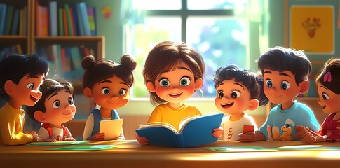 Adorable cartoon children gather around their teacher as she reads a book in a bright sunny classroom. Perfect for children's book illustrations and educational materials.