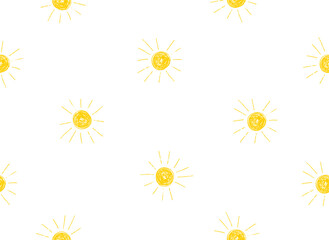 Cute Childish Seamless Vector Pattern With Hand Drawn Yellow Sun on a White Background. Infantile Style Endless Design With Doodle Sun. Sunny Wallpaper. Crayon Drawing-like Abstract Sun.