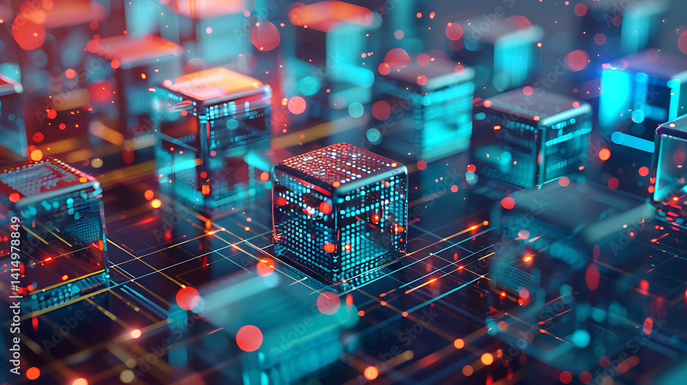 Poster abstract isometric technology background featuring interconnected transparent or metallic cubes on a