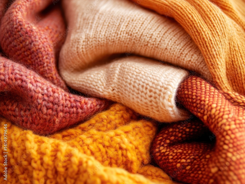 Poster cozy autumn hues of knitted blankets create a warm and inviting texture in a soft light close up sho