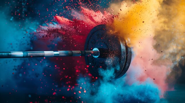 Close-up of a barbell weight plate creating an explosion of vibrant colored powder (red, yellow, blue/teal) upon impact or movement. Dynamic fitness energy concept.

