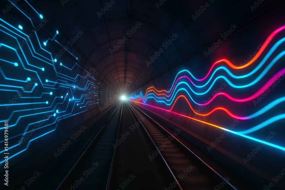 Poster futuristic tunnel with digital patterns and colorful lights effects