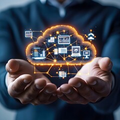 IT Consulting. Businessman holds digital consulting network connecting icon representing IT solutions, focusing on innovation, strategy, optimization, growth, and technology-driven success