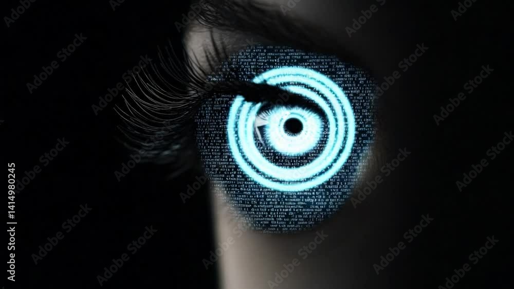 Poster eye with digital code reflection, symbolizing technology, innovation, and data security in modern wo