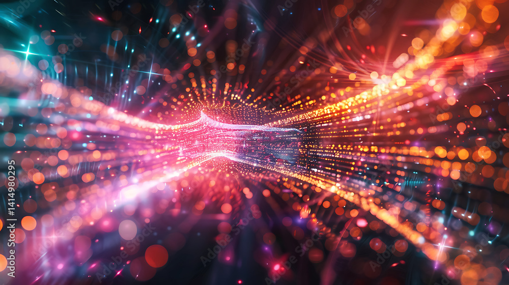Poster abstract futuristic background depicting a tunnel perspective formed by converging streams of vibran
