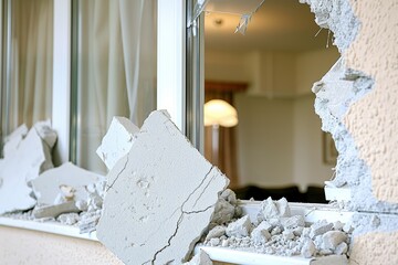 A damaged window reveals debris from a crumbling wall, indicating structural instability and potential safety hazards.