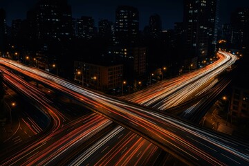 Fototapeta premium Nighttime Urban Traffic Interchange with Light Trails and Cityscape