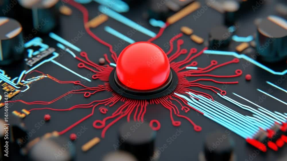 Poster close-up view of a red led light on circuit board with futuristic electronic design elements and wir
