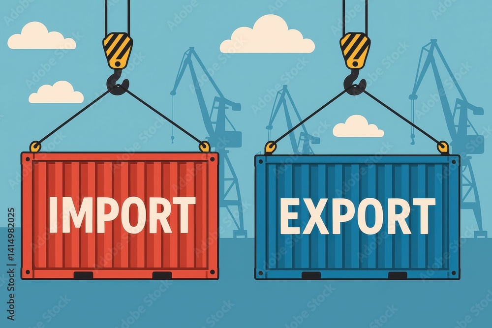 Poster red import container and blue export container at shipping dock
