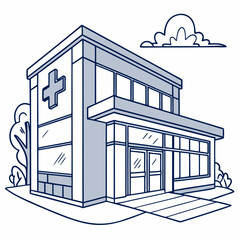 Medical building outline illustration with clouds and trees  