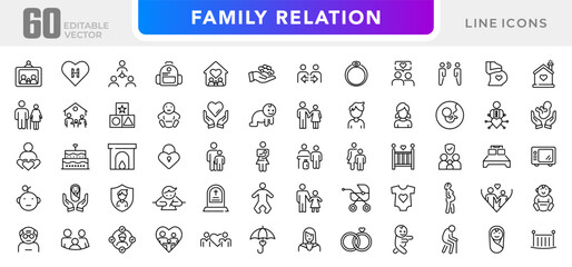 Family relation line icon set. Couple, mother, love, photo album, child, children, adoption outline icon collection. UI thin outline icon pack