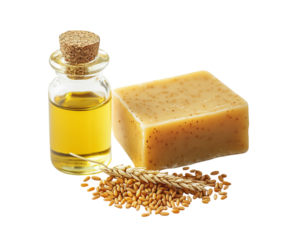 Wheat germ oil soap bar with wheat grains and a small bottle of wheat germ oil beside the soap on transparent background