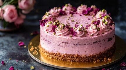  A beautifully decorated pink cake adorned with rose petals and creamy frosting, set on a golden platter, creating an elegant dessert for special occasions.