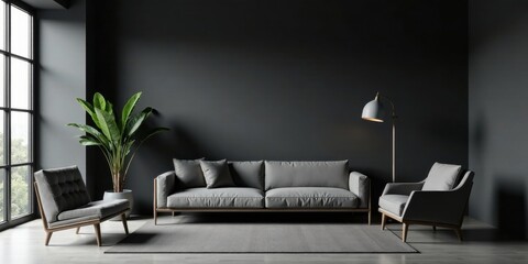 Modern minimalist living room interior design featuring a gray sofa and armchairs, complemented by a floor lamp and a potted plant against a dark gray wall.