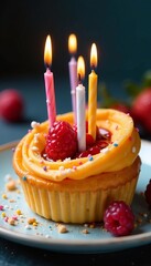 Close-up of a tompouce pastry topped with birthday candles, candles, dessert