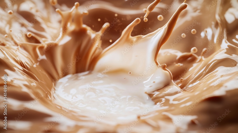 Poster close-up of a creamy brown liquid splashing, creating a crown-like effect with a central splash of w