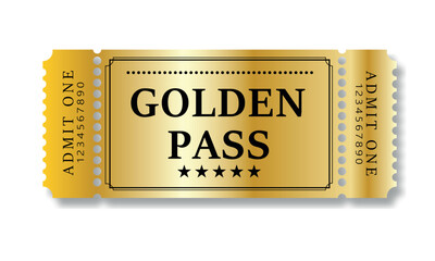 Vector golden ticket template. Cinema, theater,casino, concert, game, party, event, festival gold ticket