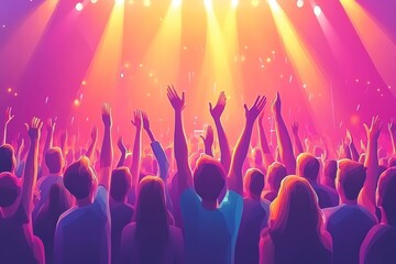 Energetic crowd with raised hands enjoying a vibrant concert under bright stage lights. Perfect for music festival promotion or event advertising.