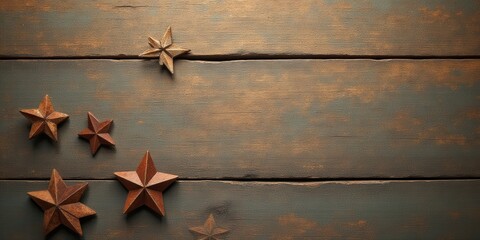 Rustic Wooden Background with Scattered Antique Metal Stars for Festive or Seasonal Design Projects