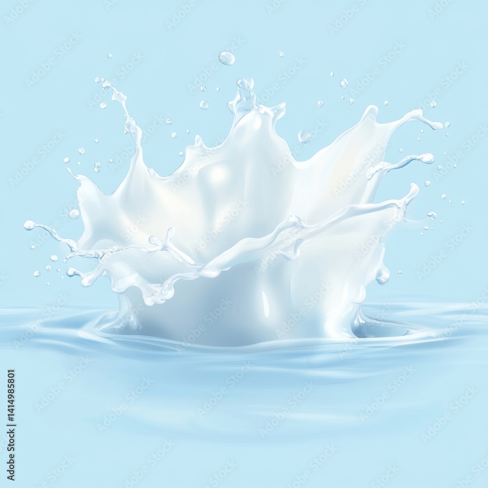 Poster milk splash in light blue background captures freshness and purity with dynamic movement and smooth 