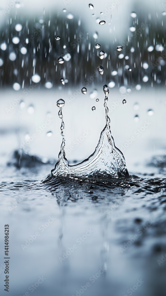 Poster captivating rain scene showcasing water droplets splashing on surface creating intricate forms and a