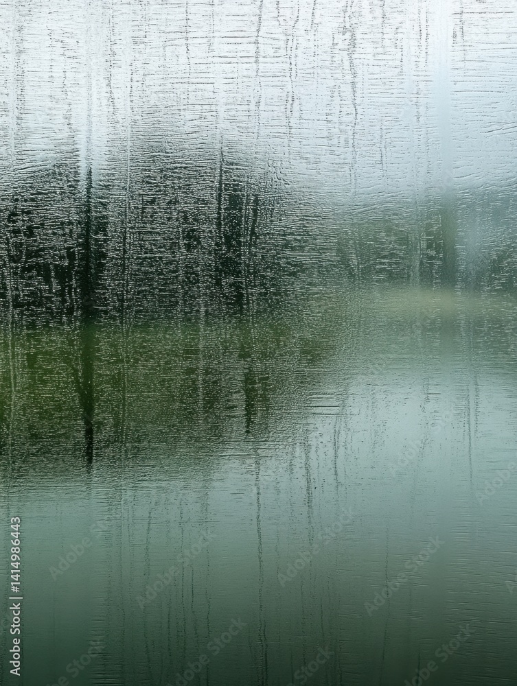 Poster abstract view of serene lake and forest through textured glass creating a dreamy and tranquil atmosp