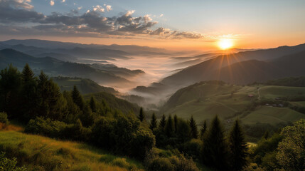 Obraz premium A tranquil landscape of sunrise over fog-covered hills, ideal for travel and wellness themes.