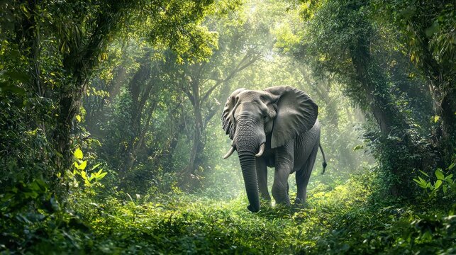African elephant in a lush green forest habitat.
