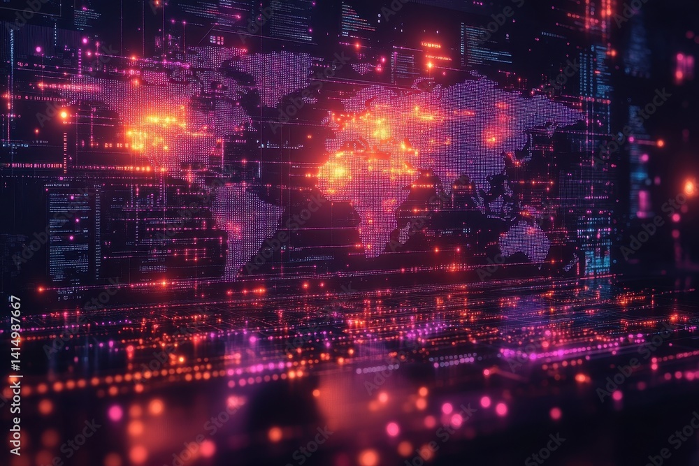 Poster digital world map visualization with colorful data streams representing global connectivity and tech