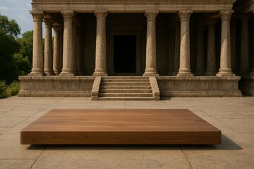 Naklejka premium Modern wooden platform in front of classical stone architecture