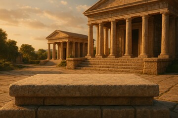 Fototapeta premium Ancient Temple Ruins at Sunset with Warm Golden Light