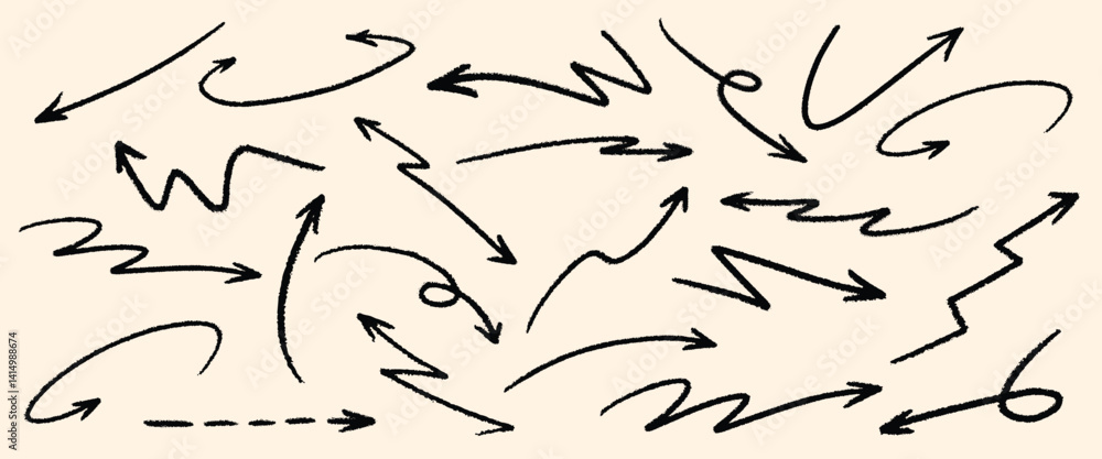 Poster set of simple lines hand drawn black arrows in various style. set of simple of hand drawn black arro