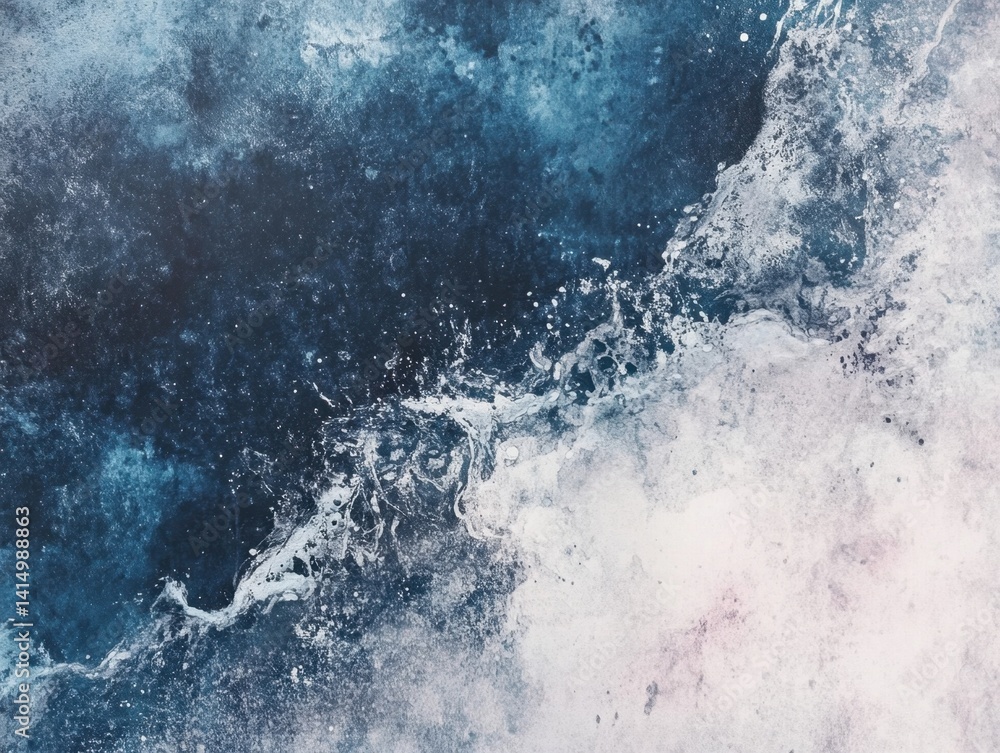 Poster abstract ocean wave art with dynamic splash effect in shades of blue and white creating a serene vis