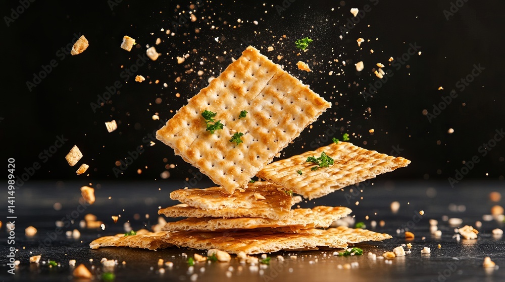 Poster cracker stack displays with flying crumbs and parsley flakes against a dark backdrop, creating a dyn